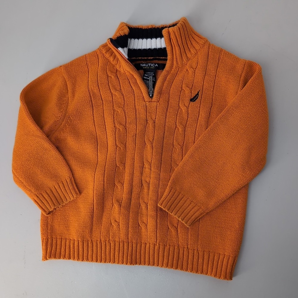 Nautica Toddler Boys Orange Cable Knit Quarter Zip Sweater 18M Cotton Pullover